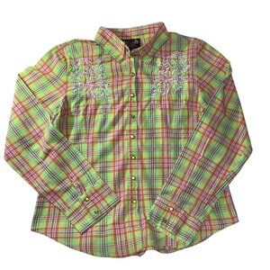 Rodeo Rebel Women's Large Long Sleeve Gold Snaps Embroidered Fitted Pre- Owned